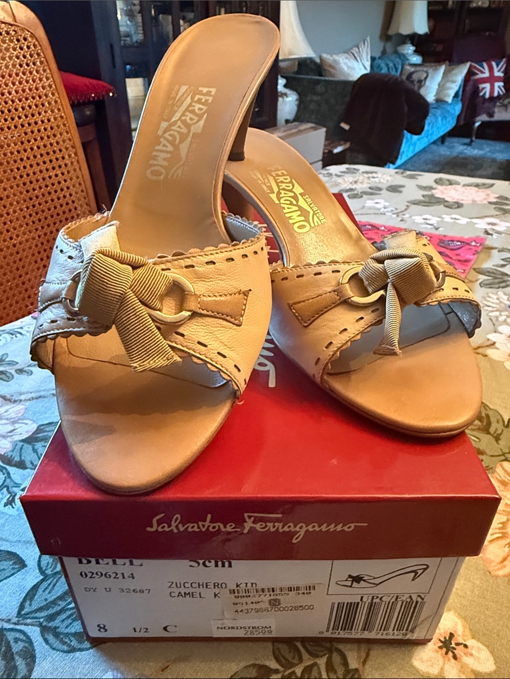 Salvatore Ferragamo Camel Leather Bow Slide Heels